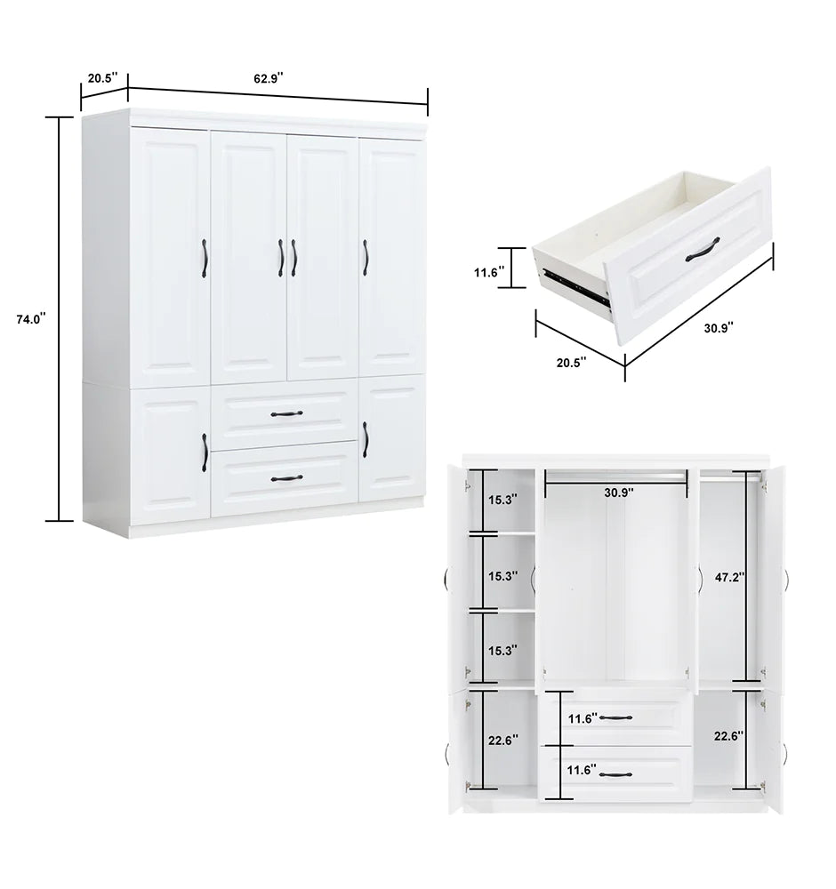 White Solid Wood Freestanding Wardrobe Closet