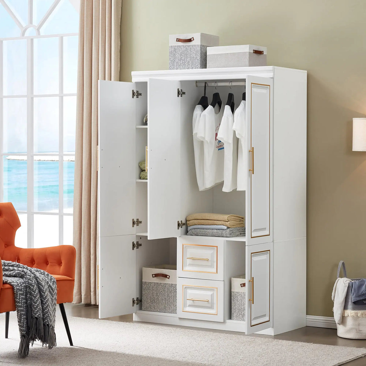 White Freestanding Armoire with Hanging Rod Shelves