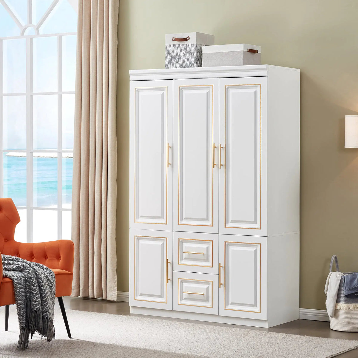 White Freestanding Armoire with Hanging Rod Shelves