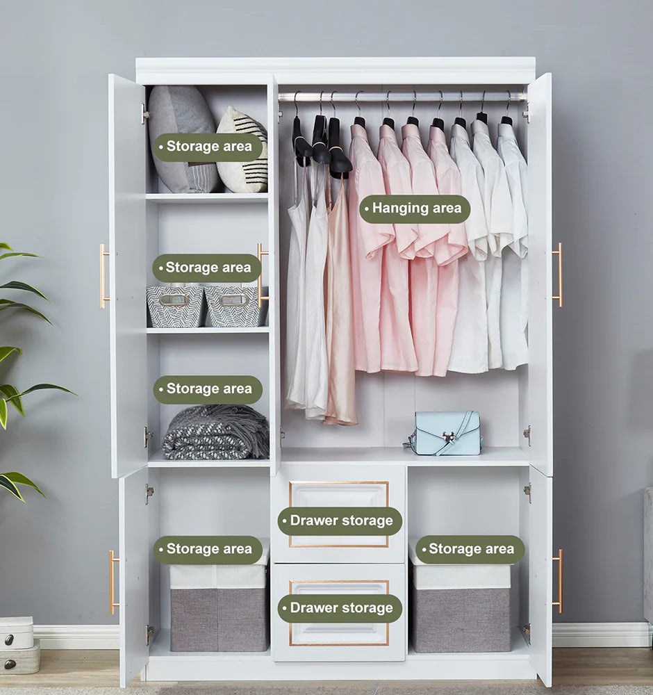 White Freestanding Armoire with Hanging Rod Shelves