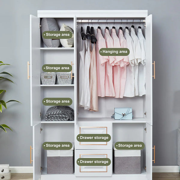 White Freestanding Armoire with Hanging Rod Shelves