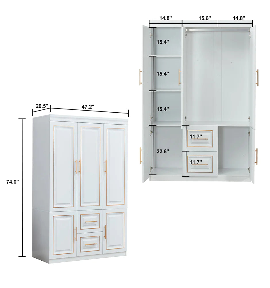 White Freestanding Armoire with Hanging Rod Shelves