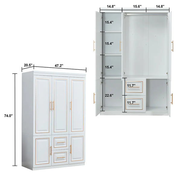 White Freestanding Armoire with Hanging Rod Shelves