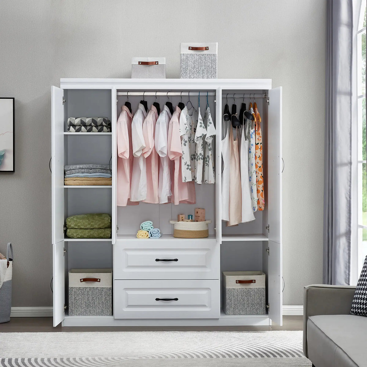 White Solid Wood Freestanding Wardrobe Closet