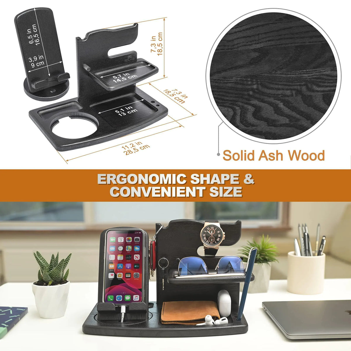 The Ashwood phone stand measures 11" by 7" by 7 inches tall