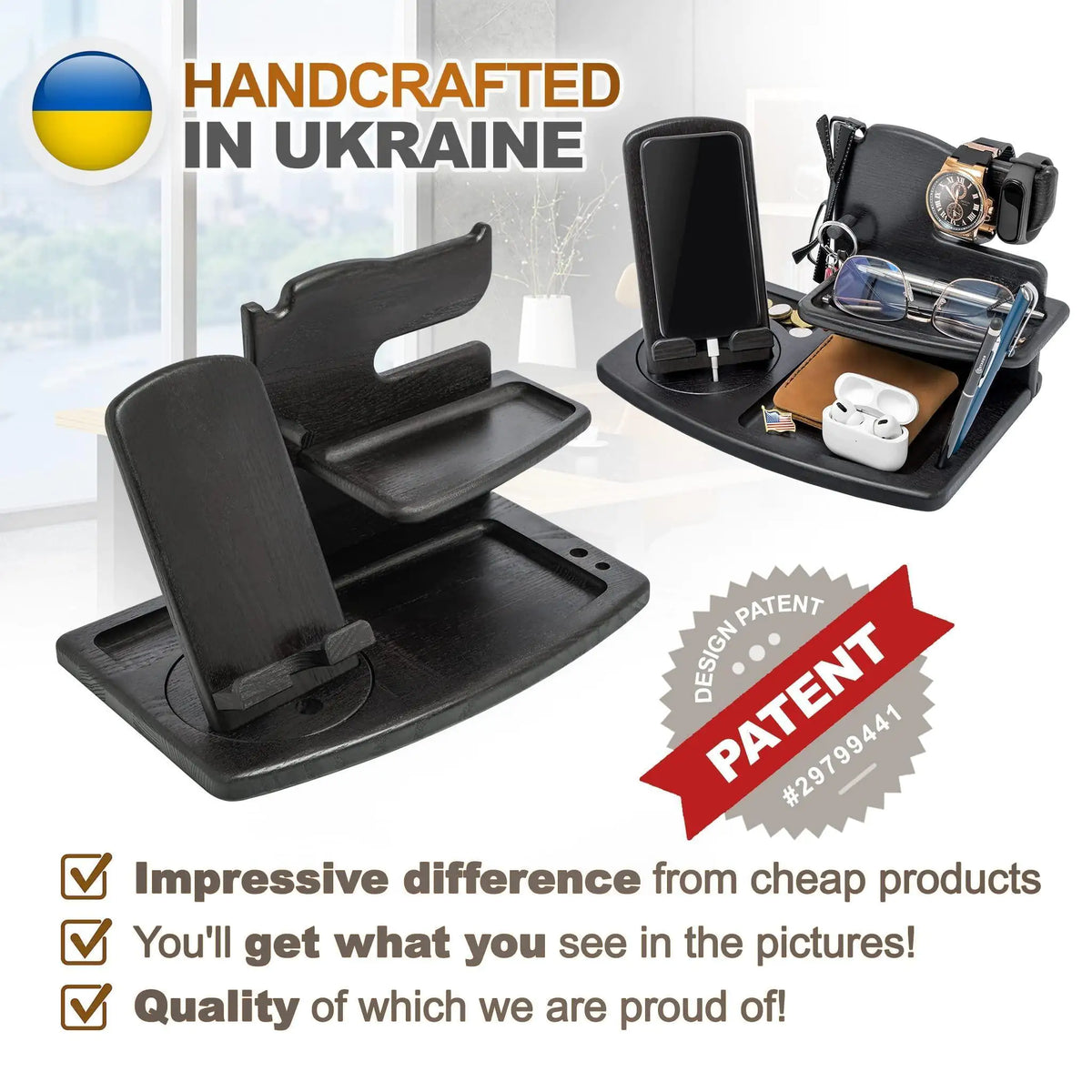 The Ashwood phone stand is hand crafted in Ukraine