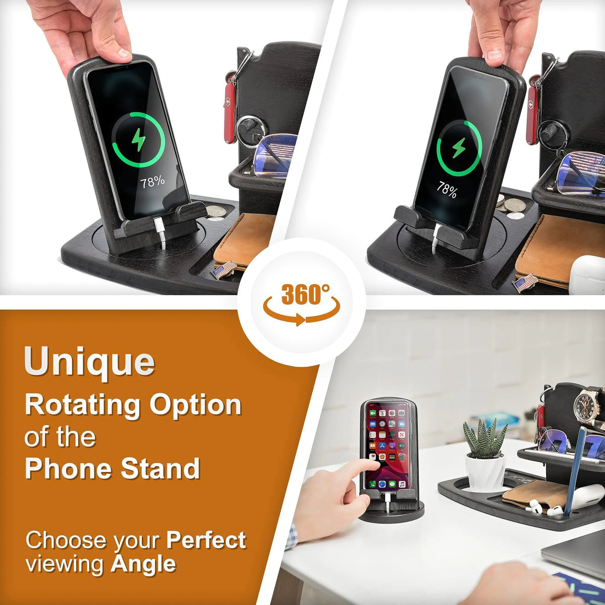 The stand for your phone can be rotated to face in your direction. The stand can also be removed from the base for more versatility