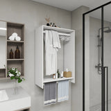 Bath wall unit installed in bathroom, slight side view, robe and handtowels hanging from rods, other bath items on shelves and top