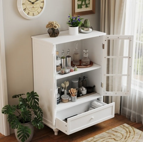 Curio cabinet front side view with doors and drawer open to show items inside