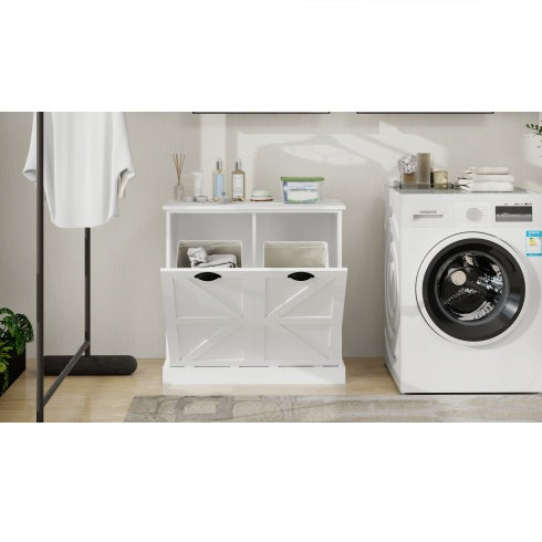 The double compartment laundry sorter in a laundry room setting near a washing machine and hanging rack