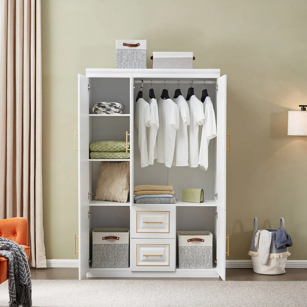 White Freestanding Armoire with Hanging Rod Shelves