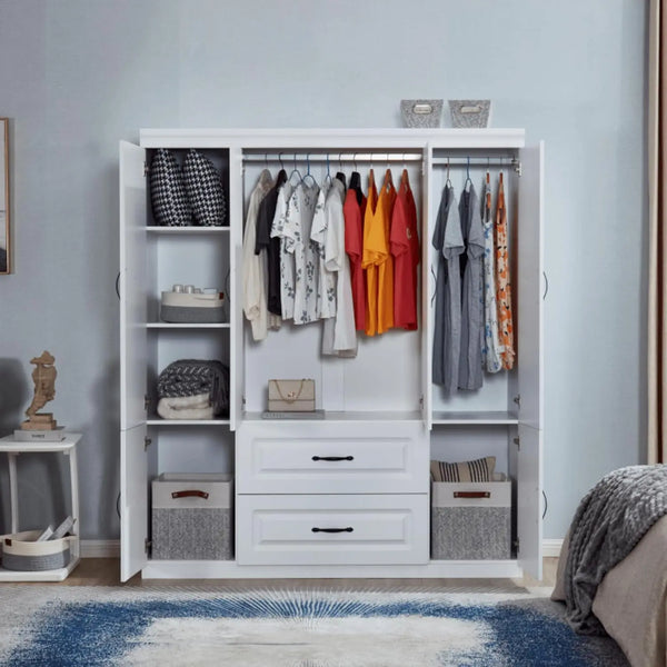 Extra Wide White Wardrobe Closet with Hanging Rod, Shelves, and Drawers