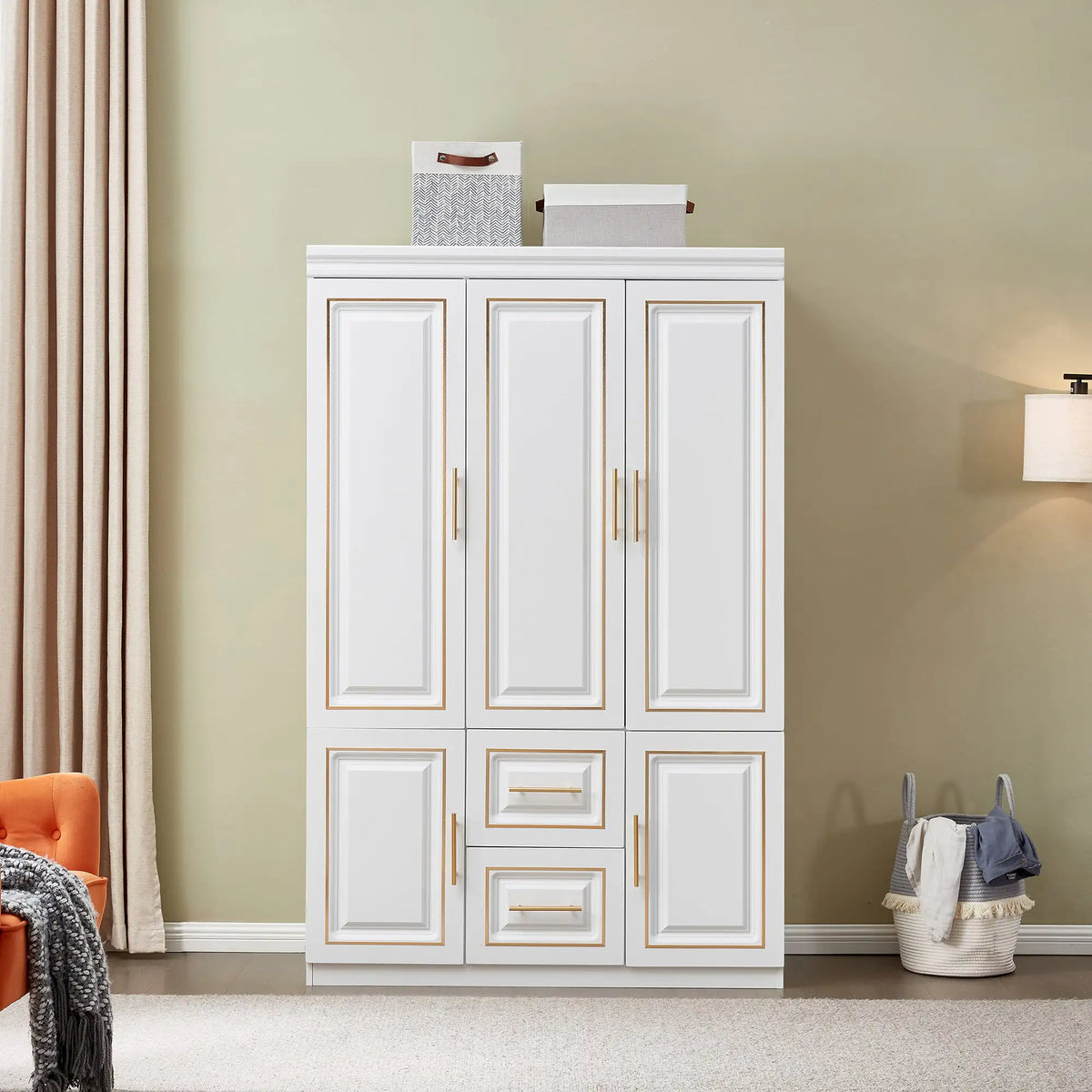 White Freestanding Armoire with Hanging Rod Shelves