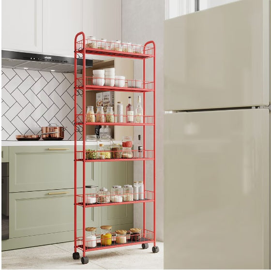 Red Rolling Cart in Kitchen area with kitchen item on the shelves. 