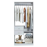 The stand alone closet organizer has room for hanging clothes, 2 drawers and shelves.