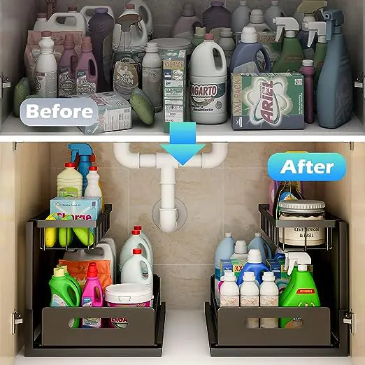 The Undrsink drawer organizer takes all your cleaning supplies from disoraganized searching to a neat and tidy in a pull out drawer and upper shelf.